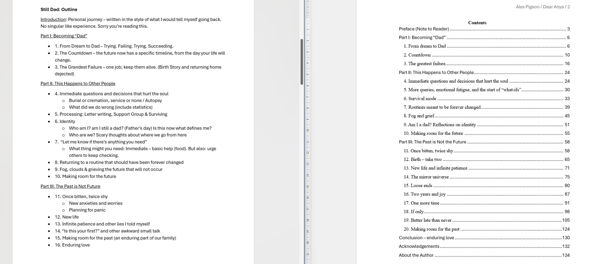 The original Still Dad outline beside the final contents of Dear Anya.