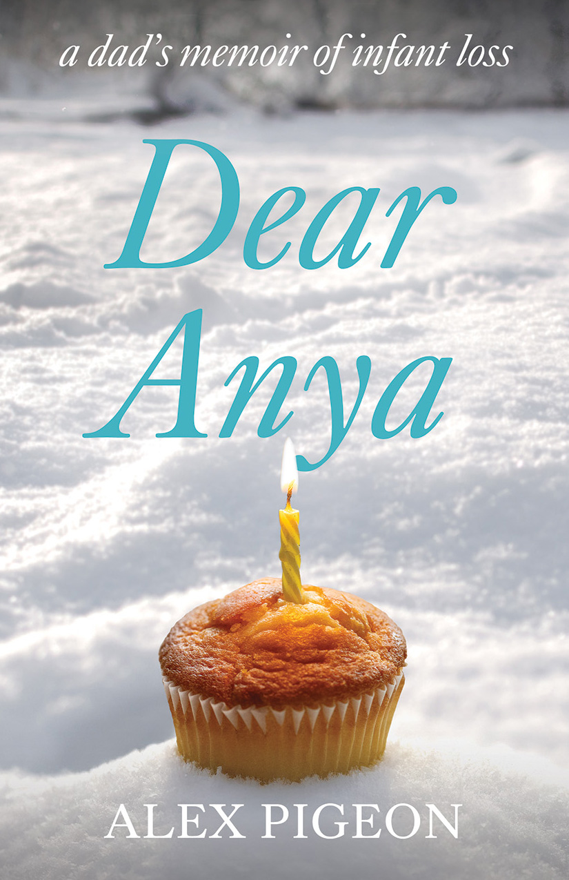 Cover of Dear Anya: A Dad’s Memoir of Infant Loss, showing a cupcake and a single lit candle in the snow.